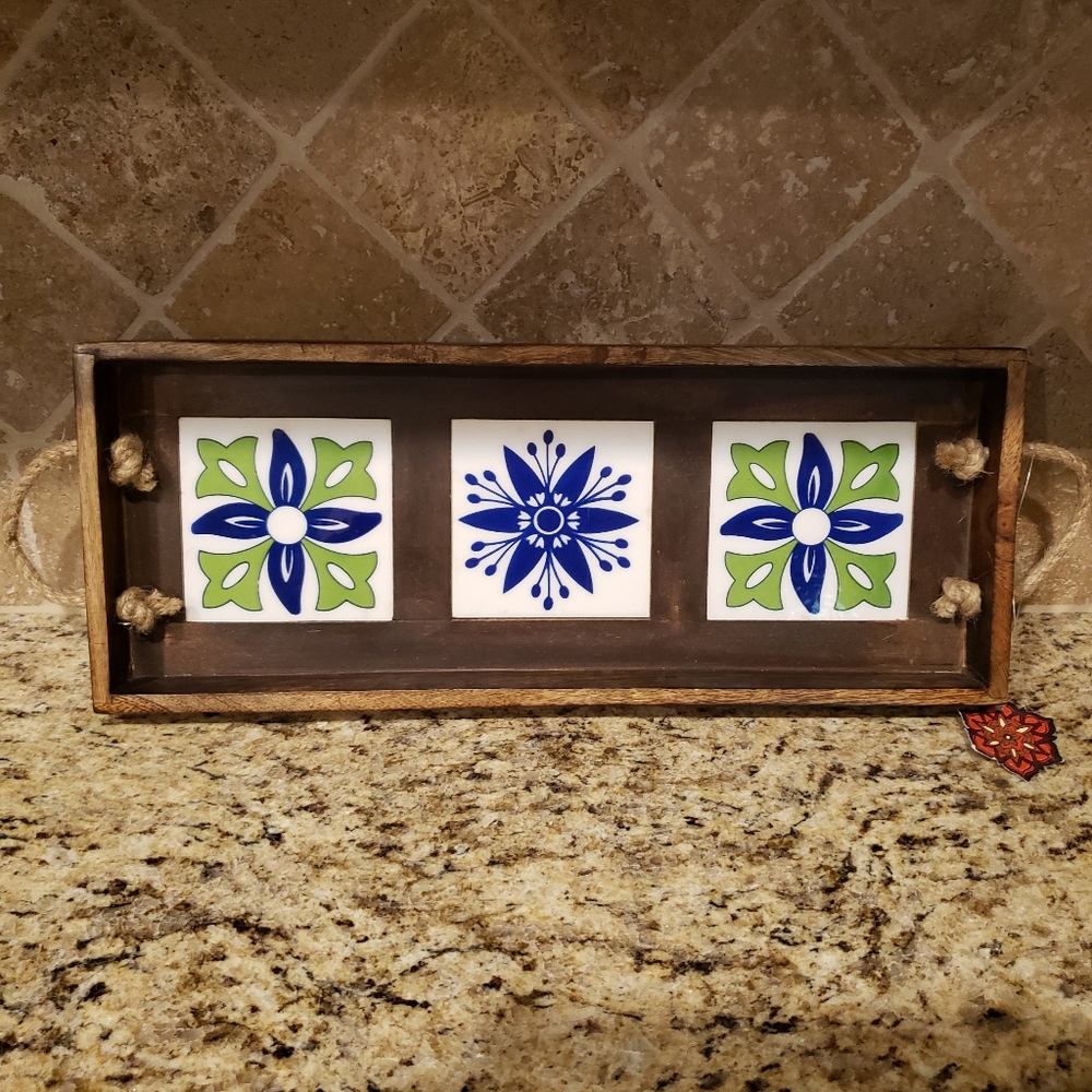NWT Wooden Tray With Inlay Tiles, Handcrafted in India